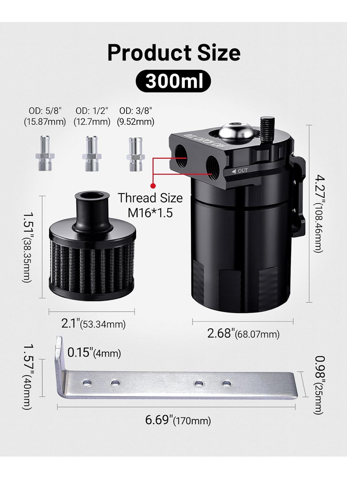 EVIL ENERGY Oil Catch Can, Universal Baffled Catch Can Kit with Breather Filter, 300ml Aluminum Air Oil Separator Tank NBR Fuel Hose Kits for PCV System