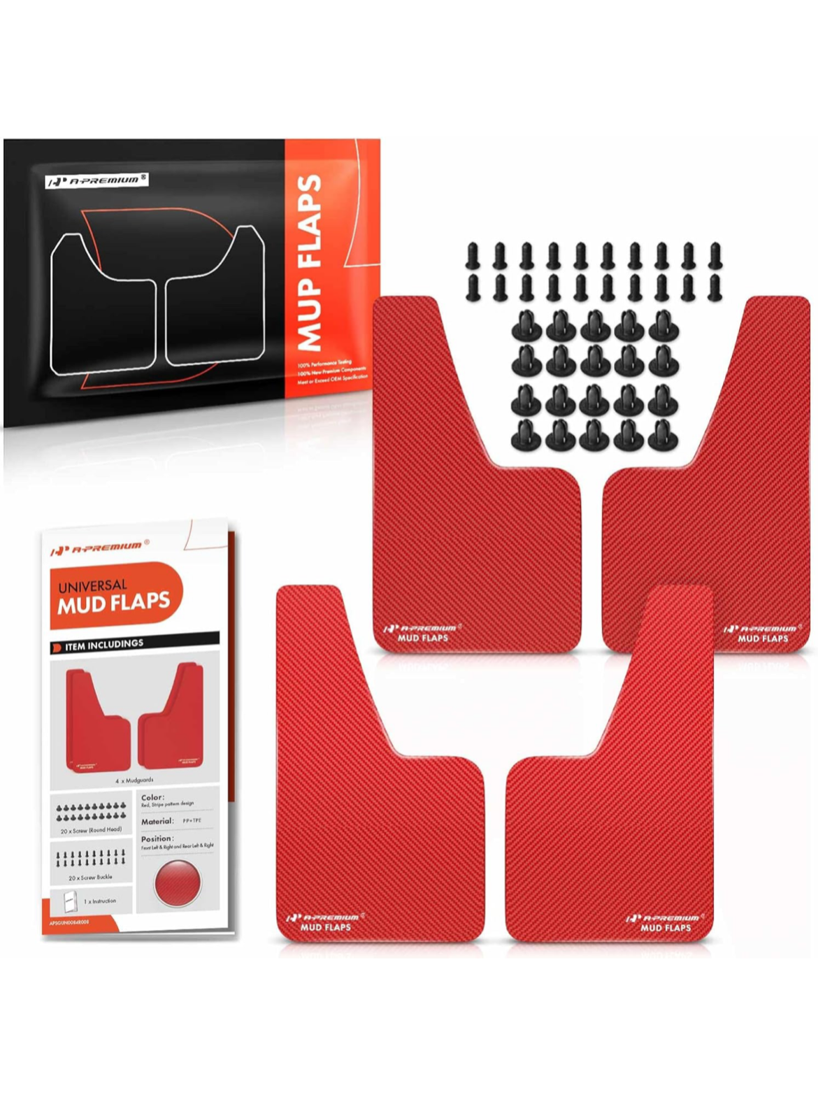 A-Premium 4 Pcs Red Universal Splash Guards Mud Flaps Mudflaps Mudguard Fender Flares Hardware Front and Rear