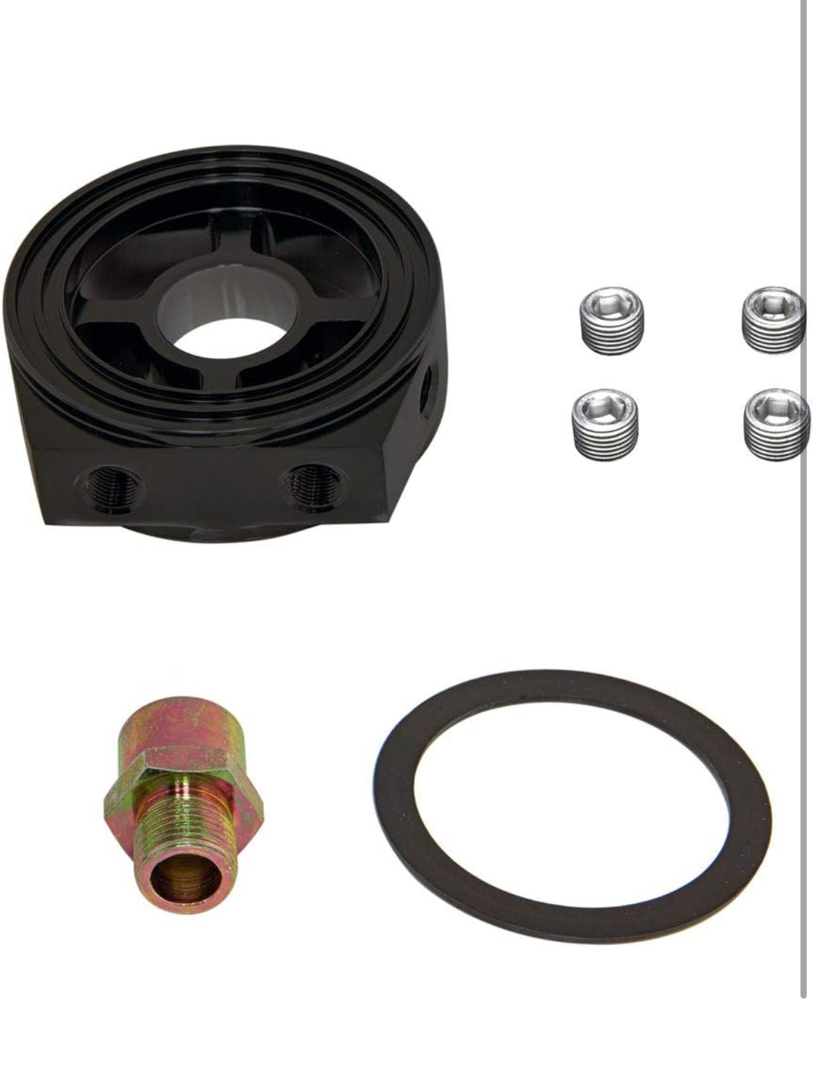GlowShift Oil Filter Sandwich Plate Thread Adapter - 3/4-16 Thread - Install up to (4) 1/8-27 NPT Oil Pressure & Temperature Sensors - Includes O-Ring & Port Plugs